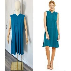 Eileen Fisher Size L Stand Collar Shift Dress Hemp Organic Cotton Turquoise